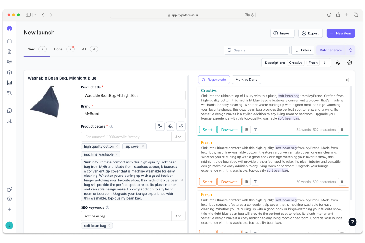 Hypotenuse AI product description generation interface