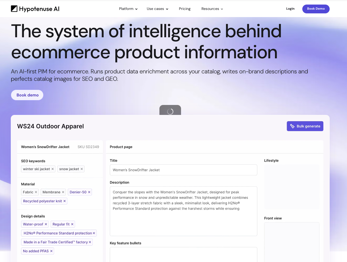 Hypotenuse AI website presenting ecommerce product content tools