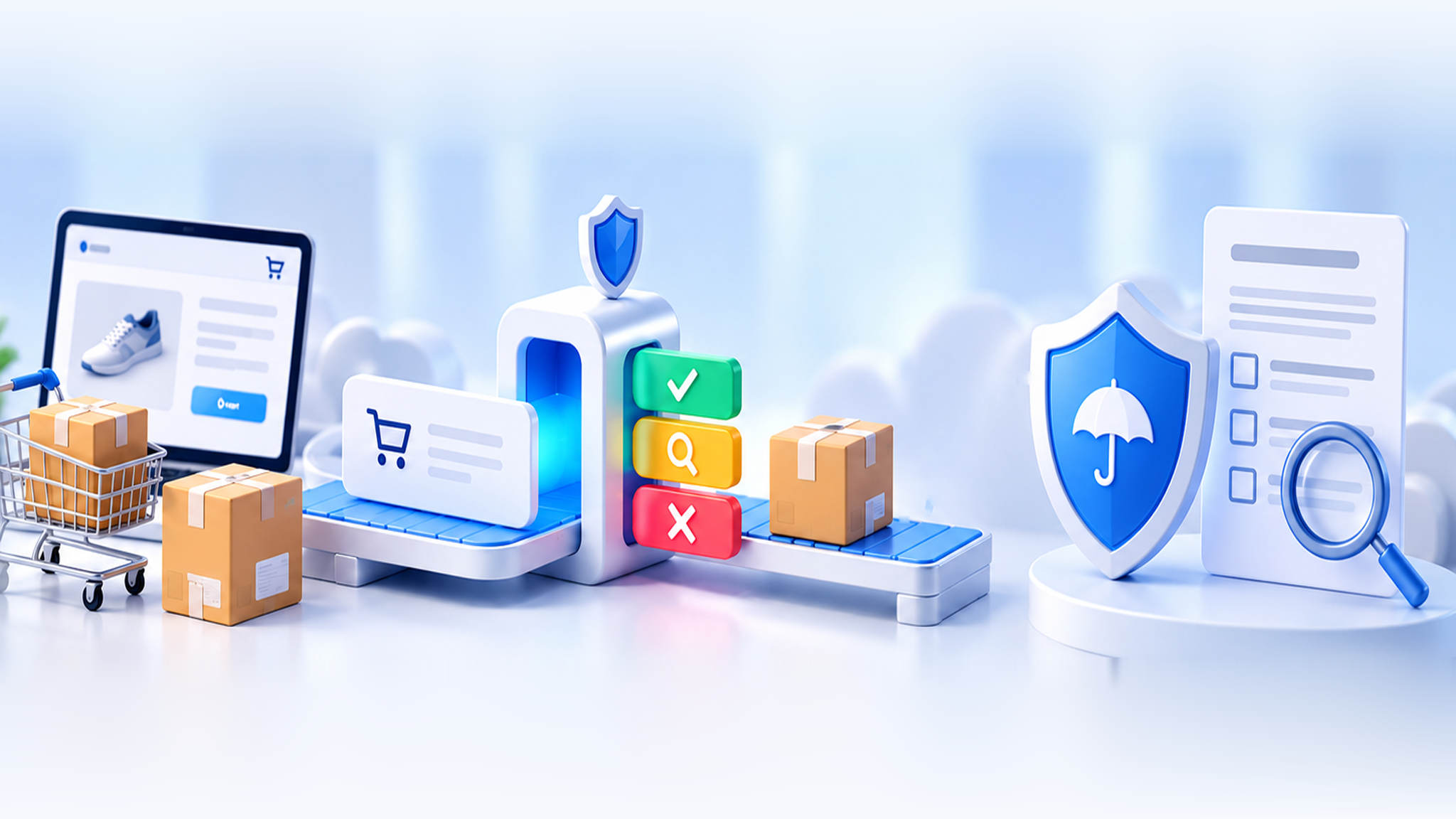 Illustration of ecommerce order screening and a separate contract review for chargeback coverage.