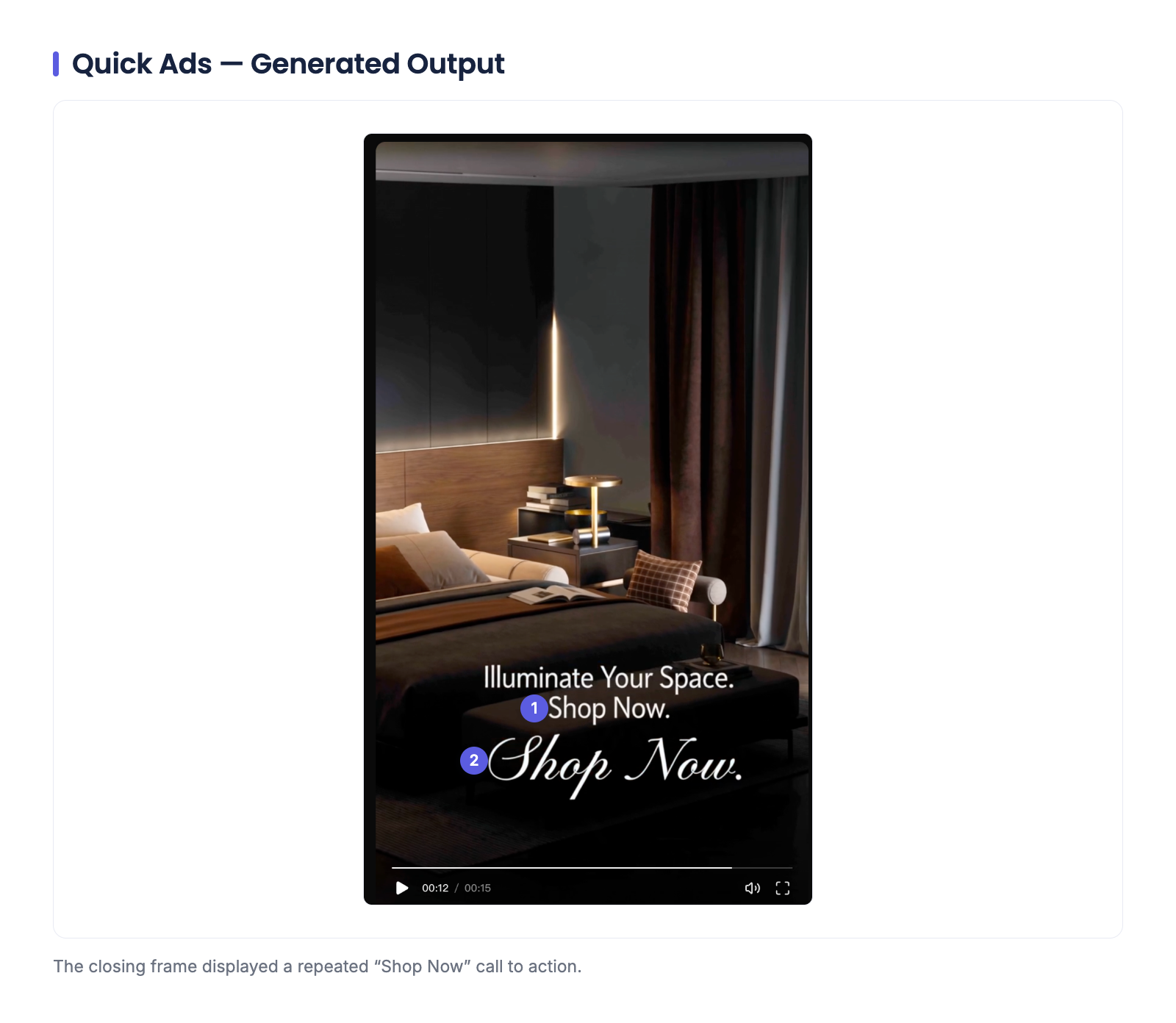 AdsTurbo Quick Ads generated video frame showing two Shop Now calls to action