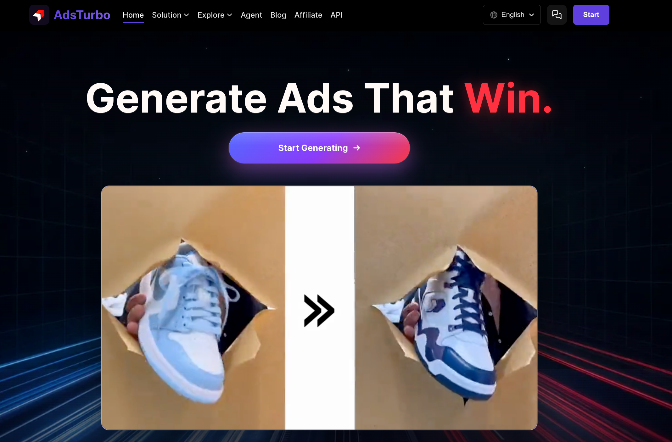 AdsTurbo homepage showing a sneaker ad creative example