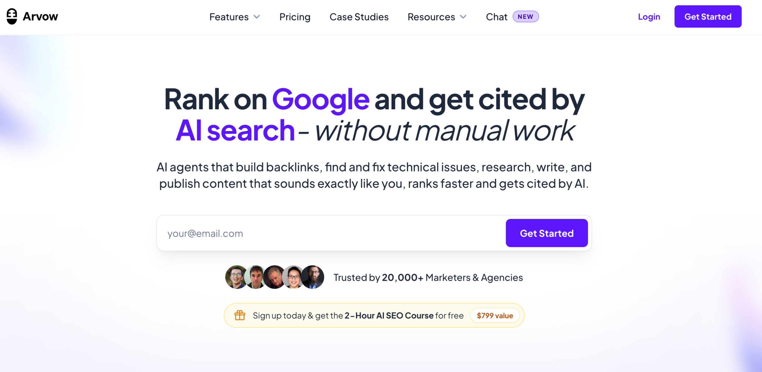 Arvow website presenting its AI SEO content and publishing platform