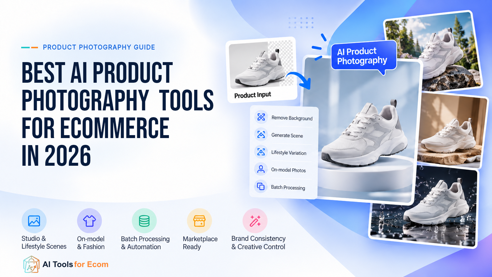 AI product photography comparison showing one sneaker transformed into studio, lifestyle, and catalog-ready ecommerce images.