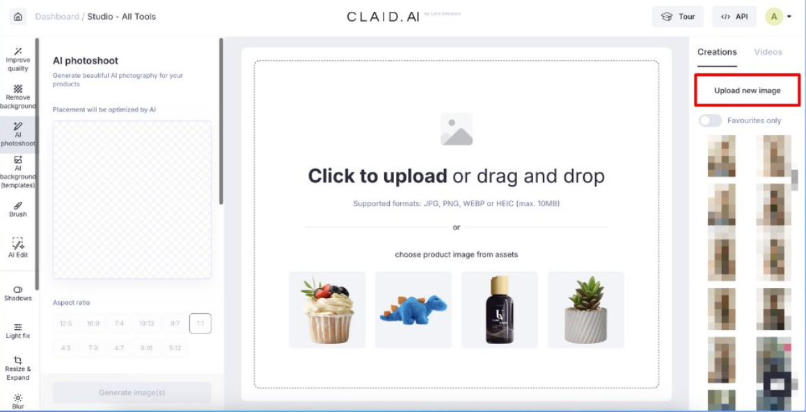 Claid.ai AI Photoshoot screen for uploading a product image