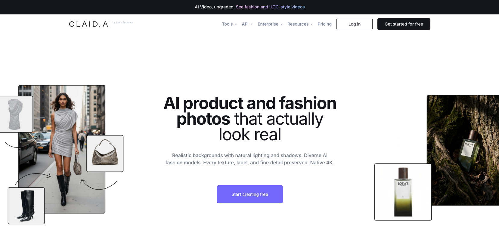 Claid.ai website presenting AI product photography tools