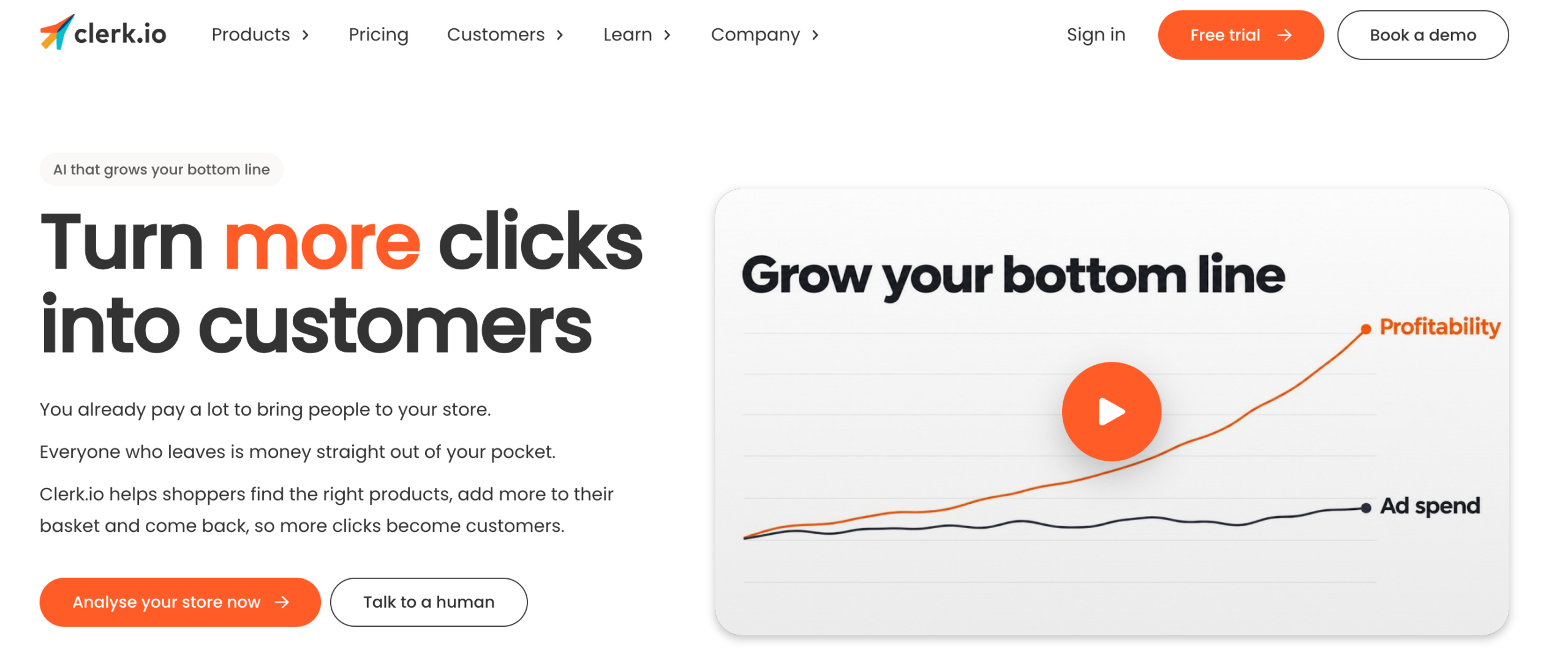 Clerk.io homepage introducing ecommerce search and product recommendation tools