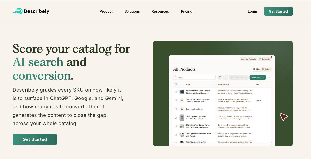 Describely website presenting AI product content tools