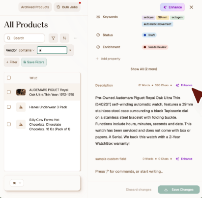 Describely catalog screen with product selection and description editor