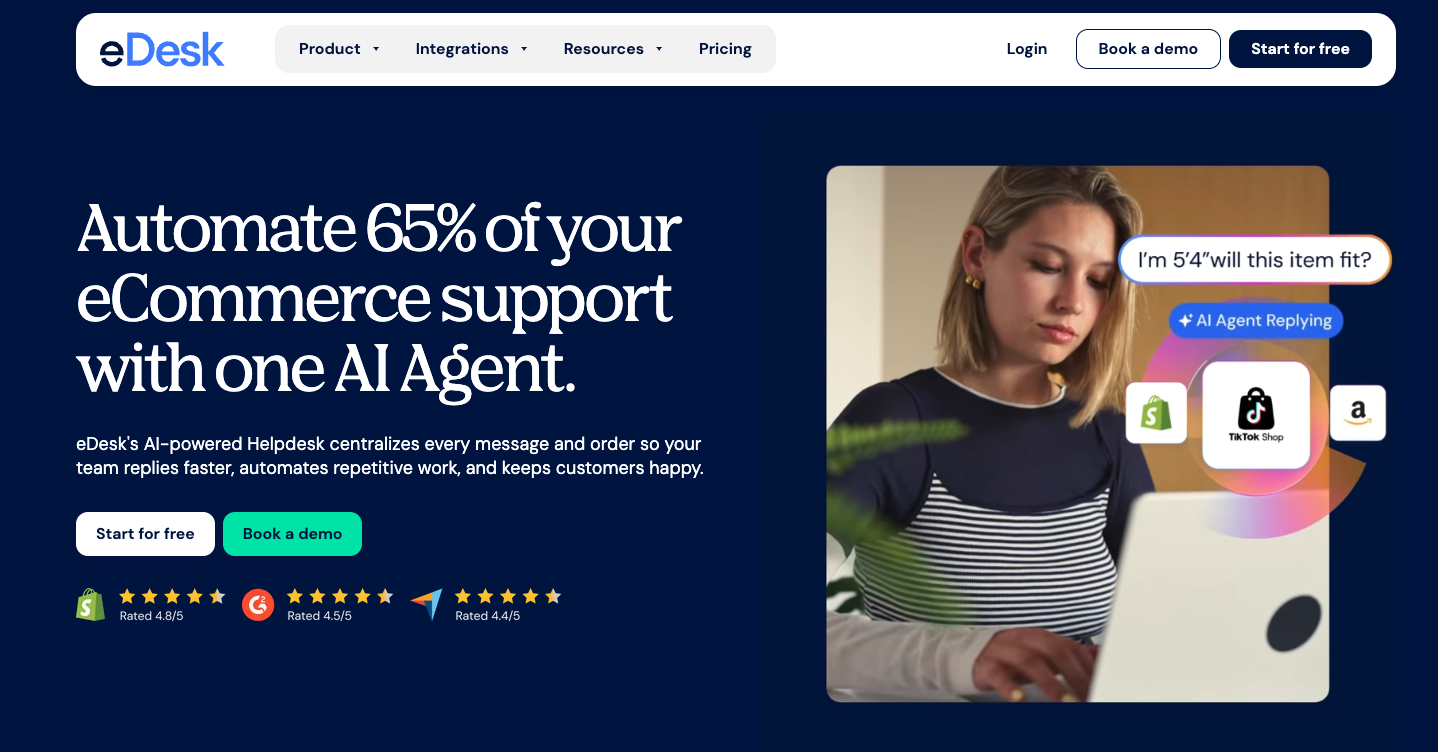 eDesk website presenting its ecommerce helpdesk