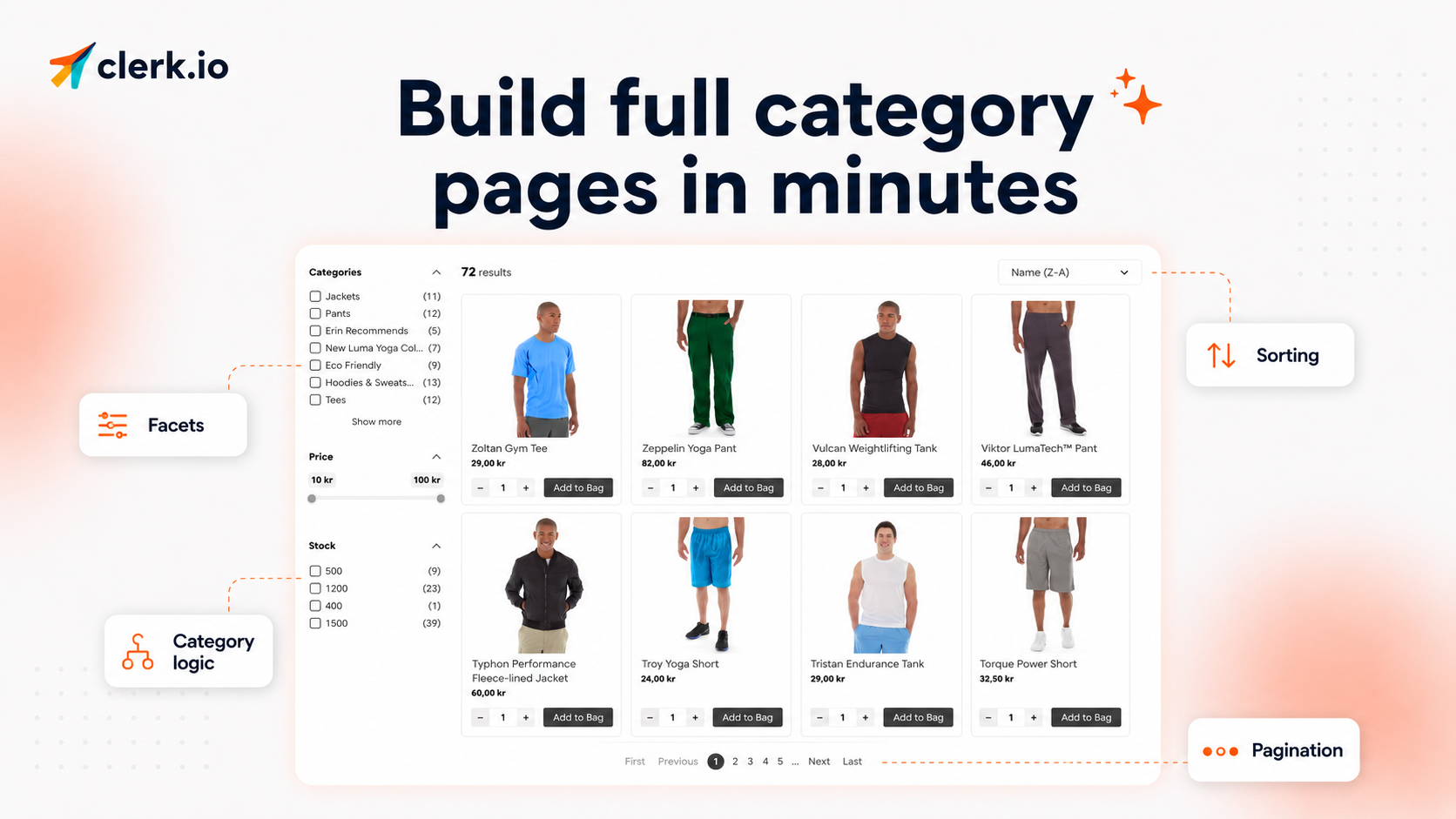 Clerk.io official visual of a faceted ecommerce category page with sorting and pagination