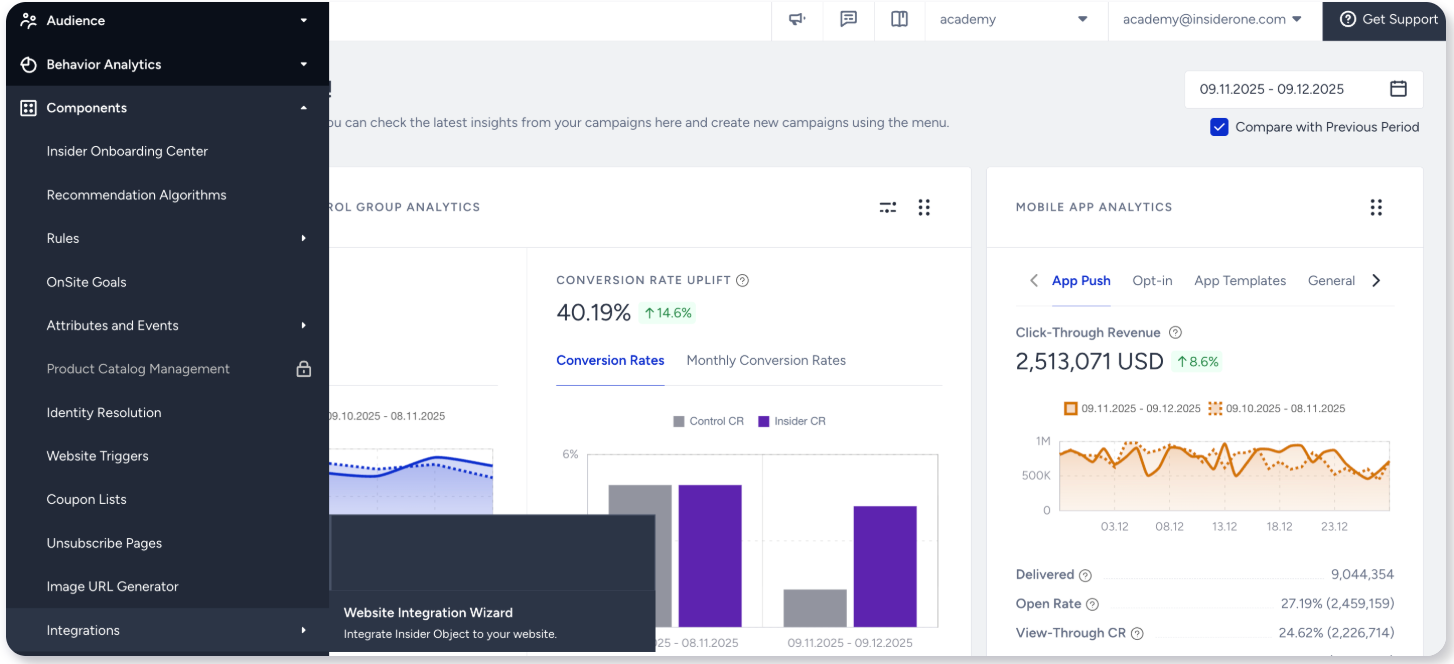 Insider One dashboard with audience, analytics, and integration navigation visible