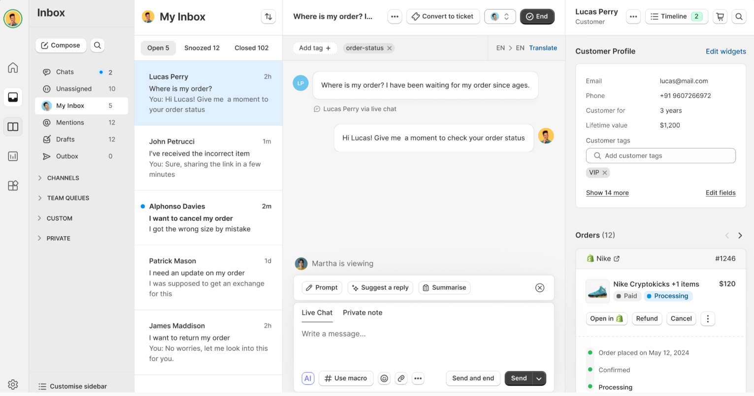 Richpanel helpdesk interface with customer support and order context