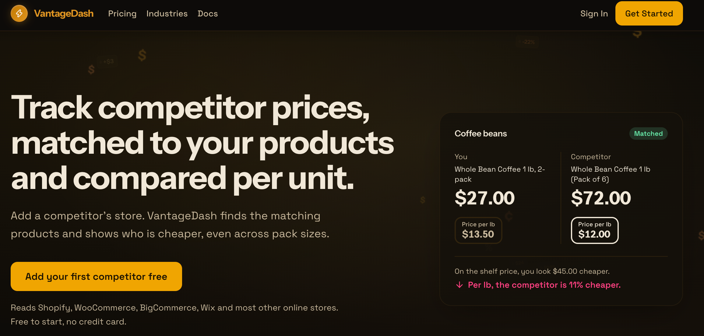 VantageDash homepage presenting competitor price tracking and product matching